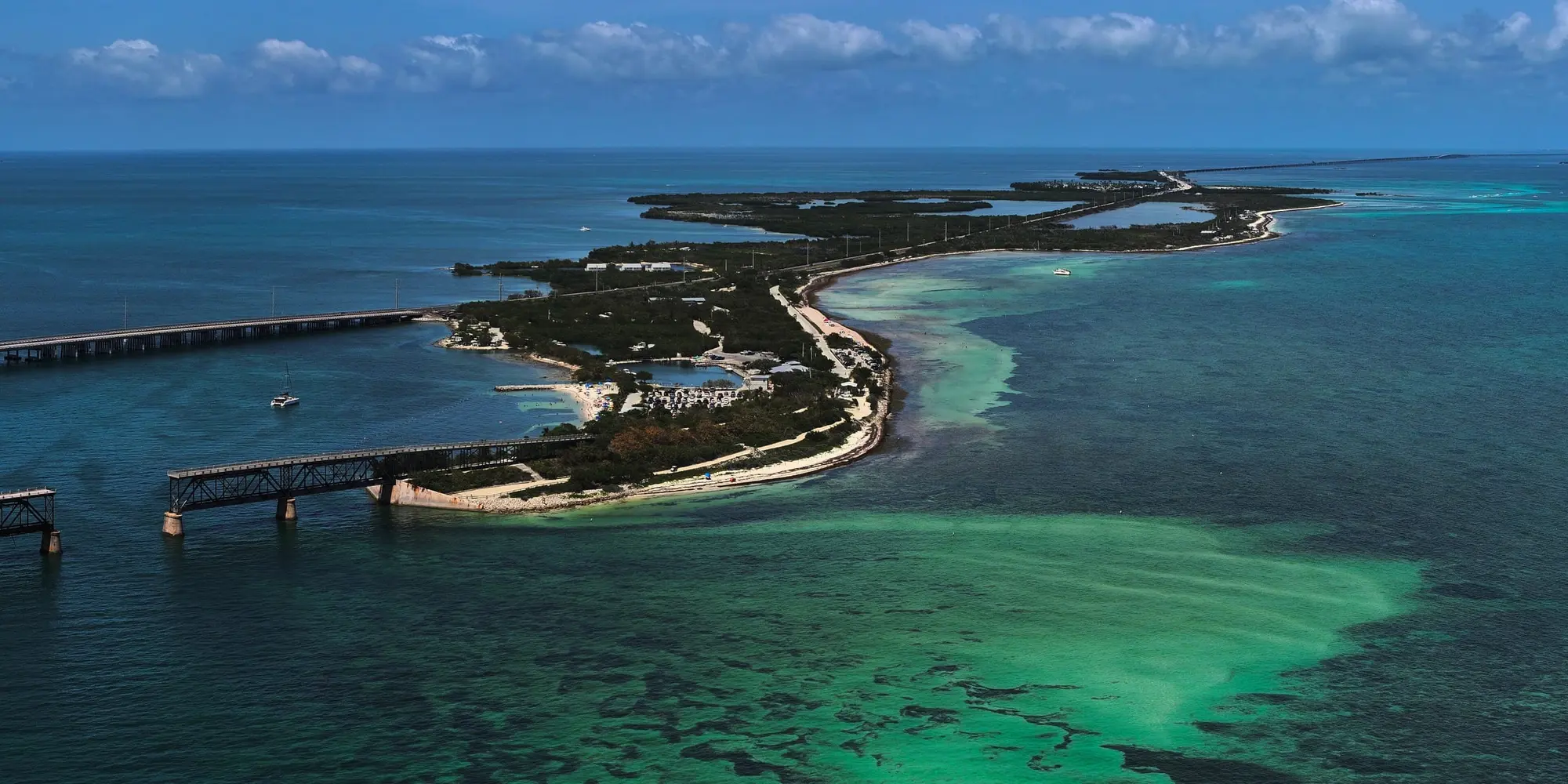 Bahia Honda Key from the air, the state park's beaches, the old railroad bridge and the Overseas Highway