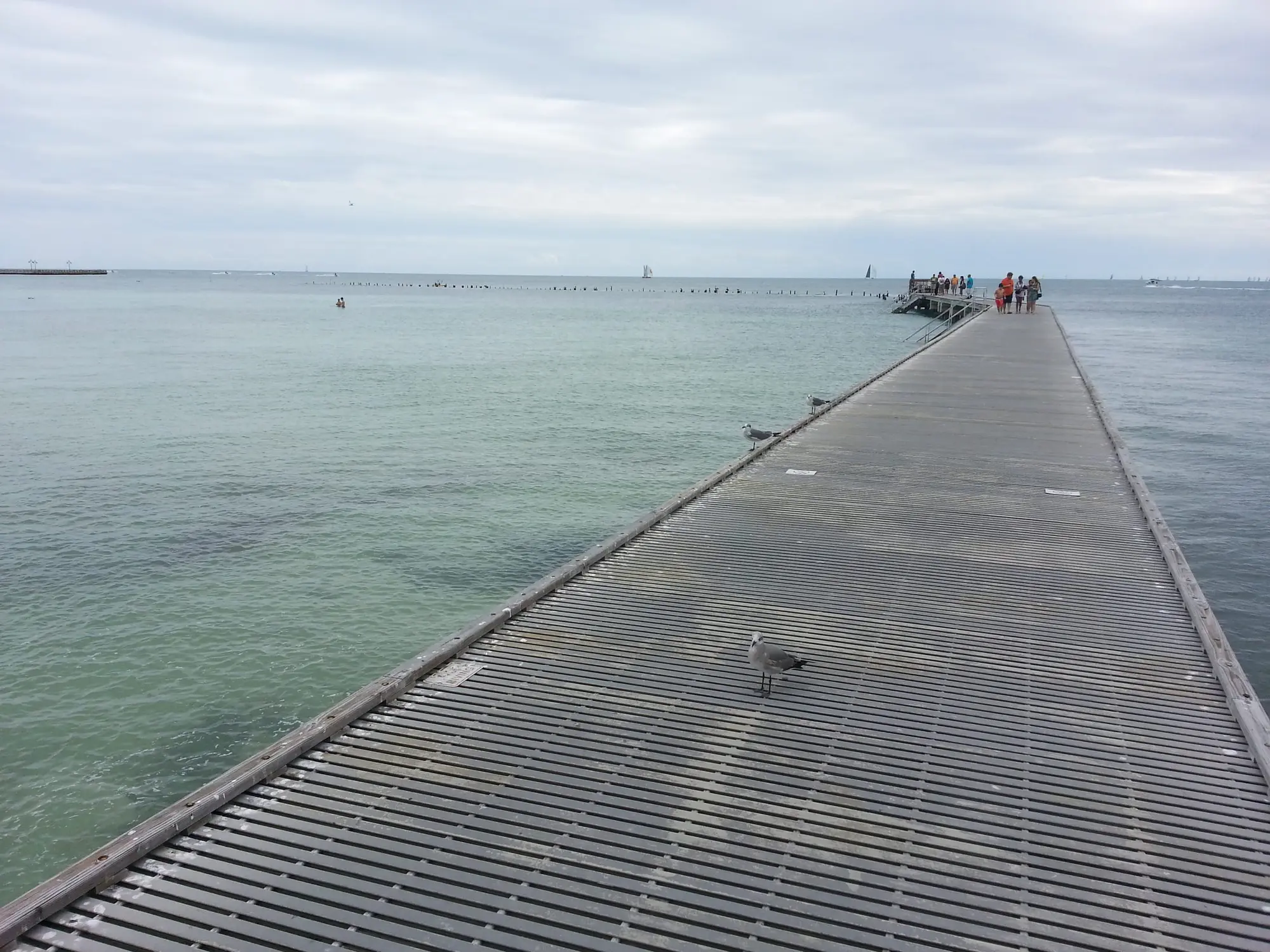 A pier running out over the shallow water at Higgs Beach, Key West